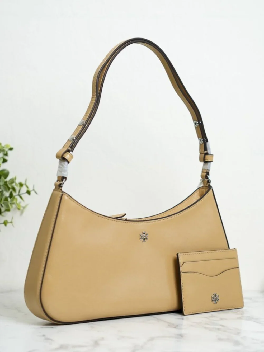 Tory Burch Rory Glazed Leather Shoulder Bag & Card Case in Warm Butter *SET* NWT